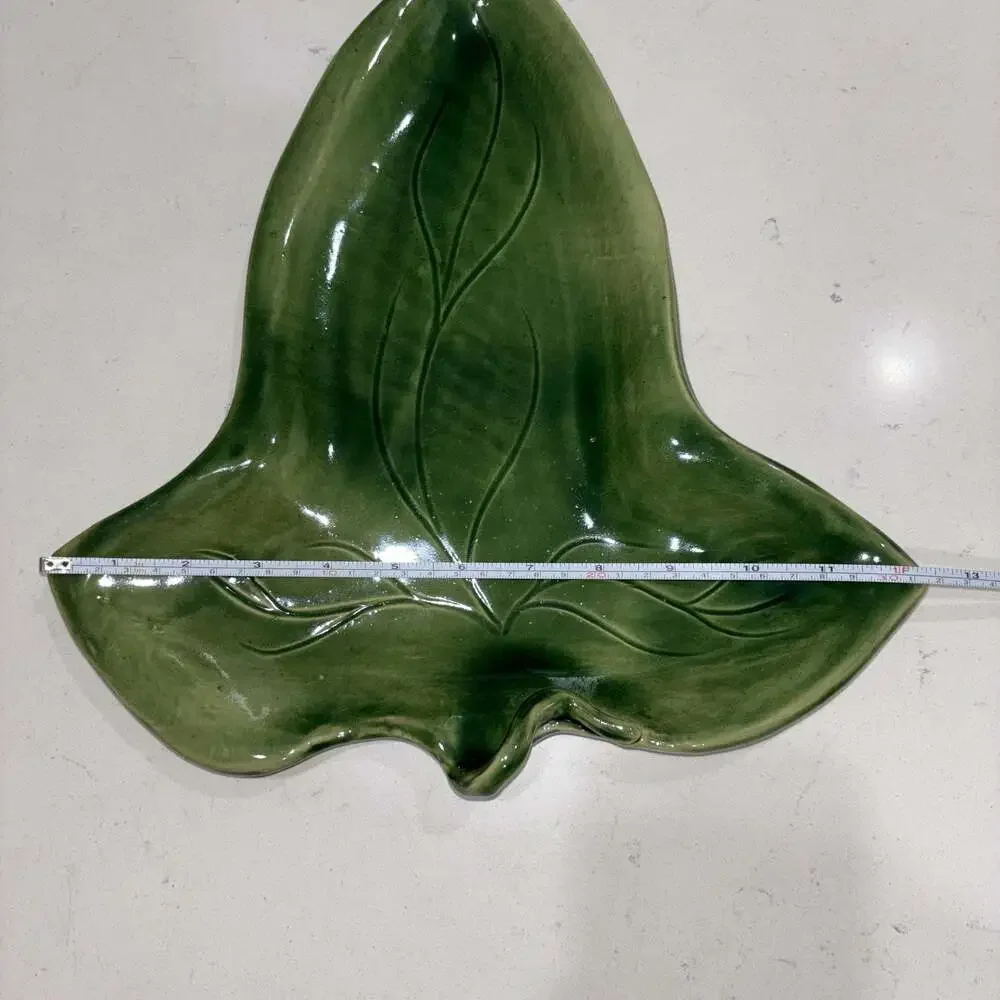 Vintage MCM Studio Pottery Green Ceramic Leaf Serving Tray